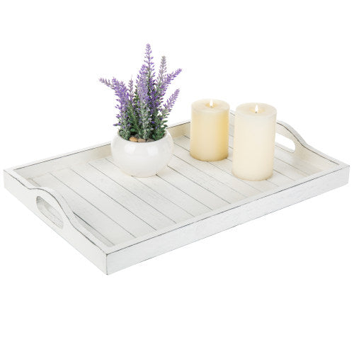 Farmhouse Style Whitewashed Wood Serving Tray with Cutout Handles