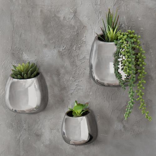 Contemporary Silver Ceramic Wall-Mounted Planters, Set of 3 - MyGift