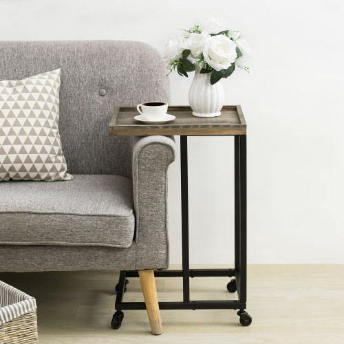 Gray Wood & Black Metal Under Couch Side Table with Wheels