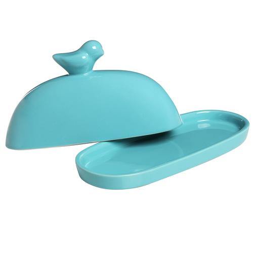 Turquoise Blue Bird Ceramic Butter Dish