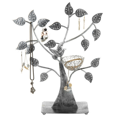 Silver Metal Tabletop Jewelry Tree with Bird Nest-MyGift
