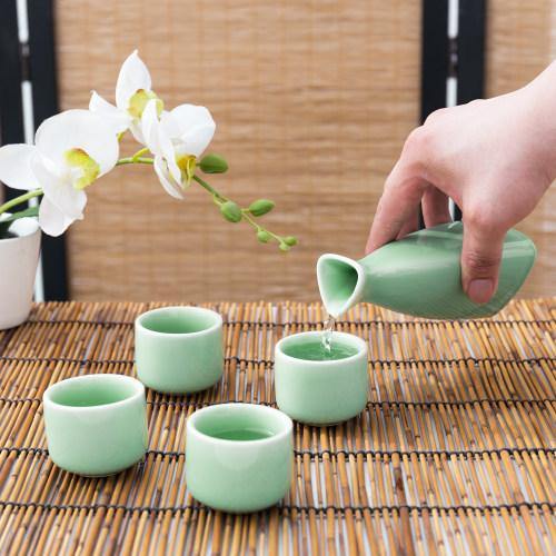 Japanese Style Jade-Color Ceramic Sake Set with Carafe and 4 Cups - MyGift