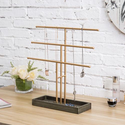 Gold Metal Jewelry Organizer Stand with Gray Wood Ring Tray - MyGift