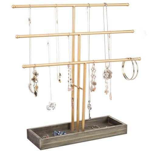 Gold Metal Jewelry Organizer Stand with Gray Wood Ring Tray - MyGift