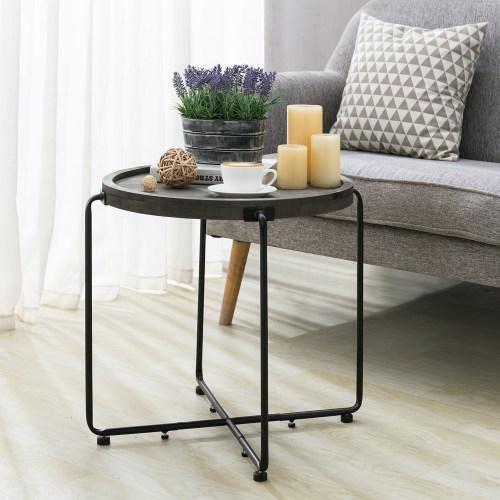 Vintage Gray Solid Wood and Black Metal Coffee Table