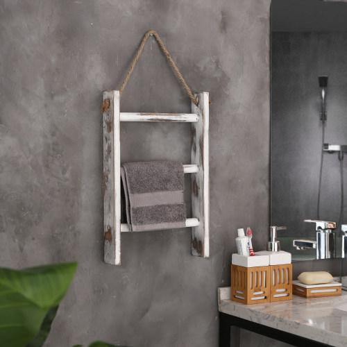 Whitewashed Wood Wall Hanging Towel Ladder Rack For Bathroom – MyGift