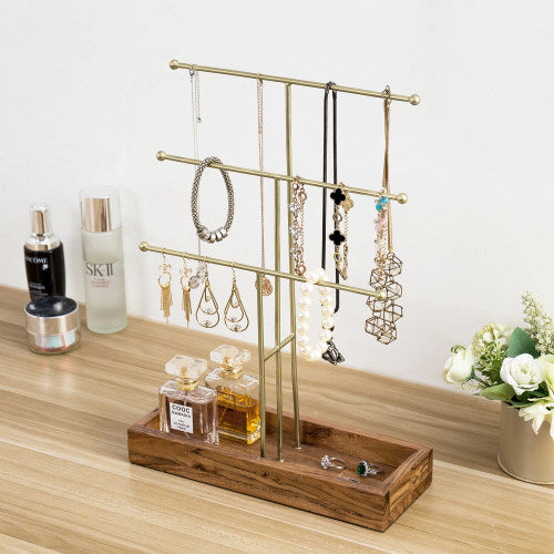 Dark Brown Coffee Tone Jewelry Organizer Stand, Metal Necklace Hanger and  Earring Storage with Wooden Ring Tray Base