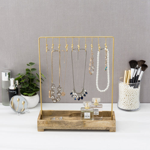 Modern Brass-Tone Metal Jewelry Rack w/ Natural Mango Wood Tray