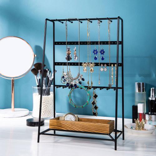 Modern Black Metal Jewelry Organizer Tower w/ Rustic Burnt Wood - MyGift