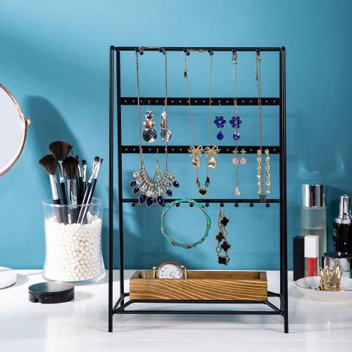 Modern Black Metal Jewelry Organizer Tower w/ Rustic Burnt Wood - MyGift