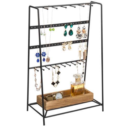 Modern Black Metal Jewelry Organizer Tower w/ Rustic Burnt Wood - MyGift