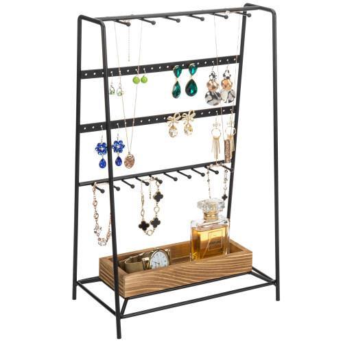 Modern Black Metal Jewelry Organizer Tower w/ Rustic Burnt Wood - MyGift