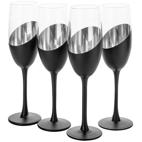 Set of 4, 8 oz Stemmed Champagne Flute Glasses with Angled Matte Black Design and Silver Plated Internal Accent-MyGift