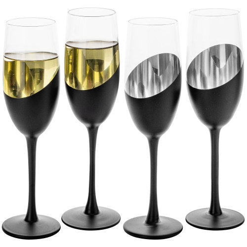 Set of 4, 8 oz Stemmed Champagne Flute Glasses with Angled Matte Black Design and Silver Plated Internal Accent-MyGift
