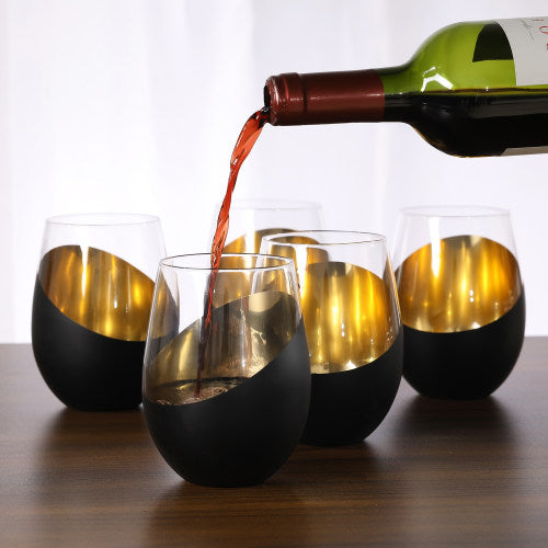 Matte Black & Gold Stemless Wine Glasses, Set of 6-MyGift