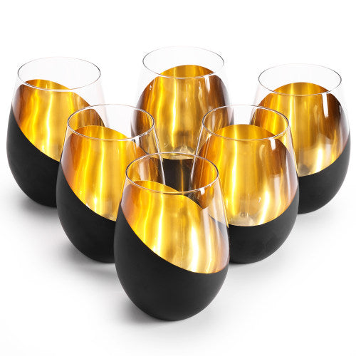 Matte Black & Gold Stemless Wine Glasses, Set of 6