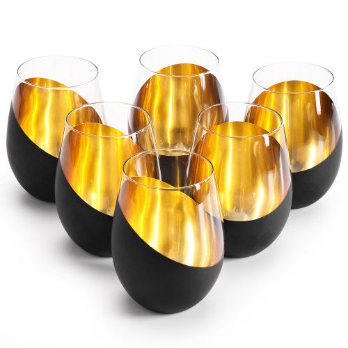 Matte Black & Gold Stemless Wine Glasses, Set of 6-MyGift
