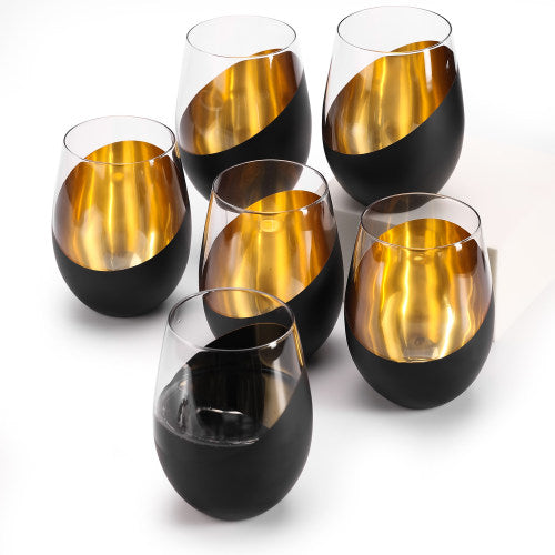Matte Black & Gold Stemless Wine Glasses, Set of 6-MyGift