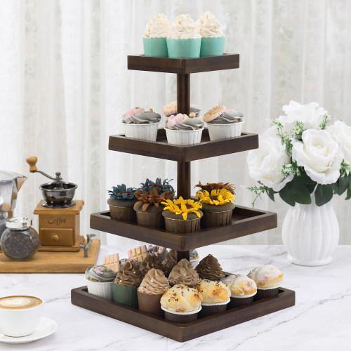 Dark Brown Bamboo Square Display Stand, 4-Tier Cupcake Display