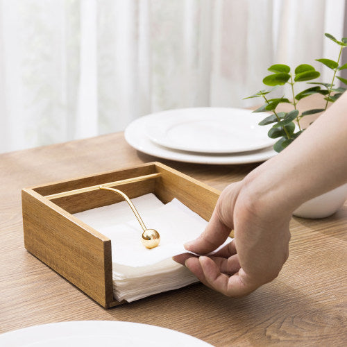 Premium Acacia Wood Napkin Holder w/ Brass Tone Weighted Arm-MyGift