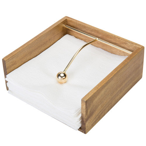 Premium Acacia Wood Napkin Holder w/ Brass Tone Weighted Arm-MyGift