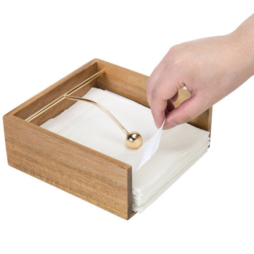 Premium Acacia Wood Napkin Holder w/ Brass Tone Weighted Arm-MyGift