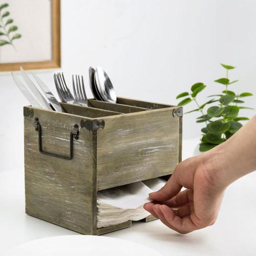 Rustic Distressed Barnwood Utensil & Napkin Caddy