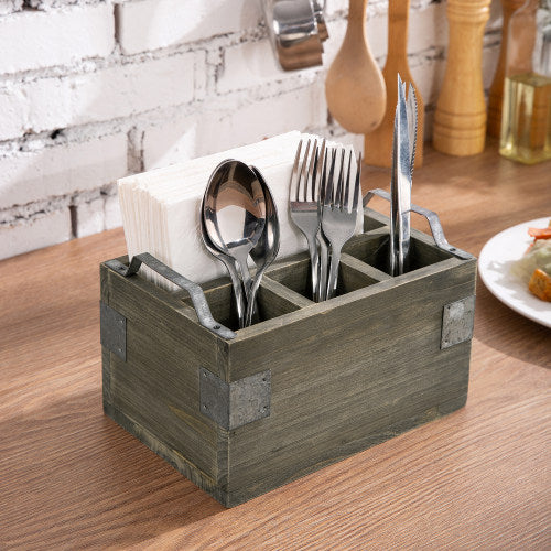Vintage Reclaimed Style Gray Wood Utensil and Napkin Holder w/ Galvanized Metal Accents