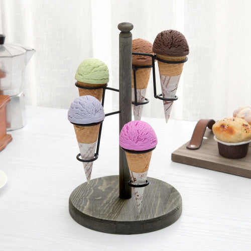 Gray Wood & Black Metal Wire Ice Cream or Food Paper Cone Holder