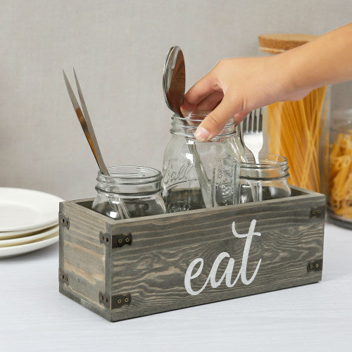 Vintage Gray Wood & Mason Jar Utensil Holder w/ EAT Writing & Metal Wraps-MyGift