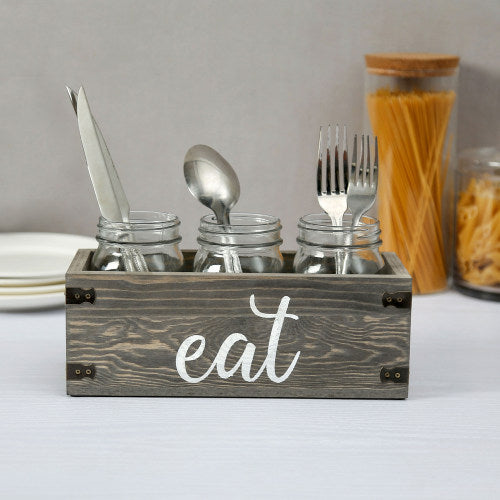 Vintage Gray Wood & Mason Jar Utensil Holder w/ EAT Writing & Metal Wraps-MyGift