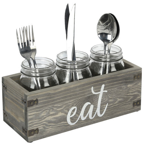 Vintage Gray Wood & Mason Jar Utensil Holder w/ EAT Writing & Metal Wraps-MyGift