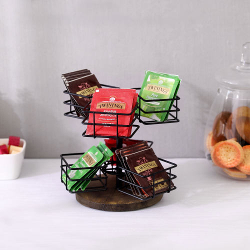 Tea Bags Storage Carousel w/ Dark Brown Burnt Wood & Black Metal Wire-MyGift