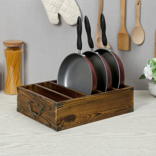 Dark Brown Burnt Wood Pan/Pot/Lid Holder Rack w/ Vintage Handles & Corner Wraps