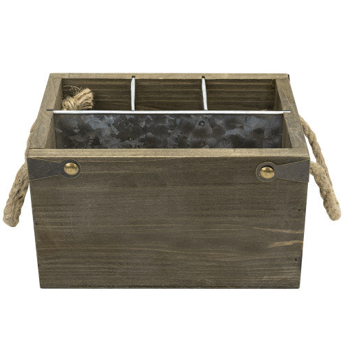 Gray-Brown Wood & Galvanized Metal Flatware & Napkin Organizer w/ Rope Handles-MyGift