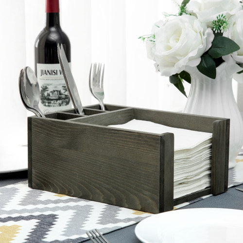 Vintage Gray Wood Napkin Rack w/ Dining Utensil Organizer-MyGift