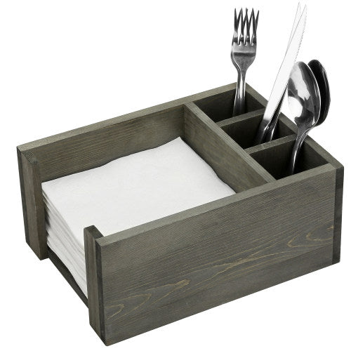 Vintage Gray Wood Napkin Rack w/ Dining Utensil Organizer-MyGift