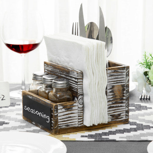 Torched Wood & Chalkboard Dining Organizer w/ Napkin Holder, Utensil Slots, 3 Salt & Pepper Shakers-MyGift