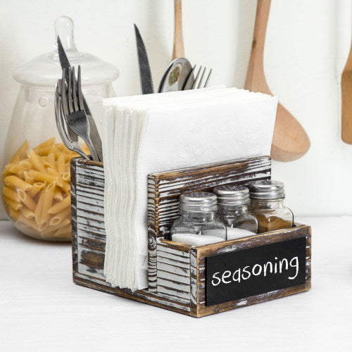 Torched Wood & Chalkboard Dining Organizer w/ Napkin Holder, Utensil Slots, 3 Salt & Pepper Shakers