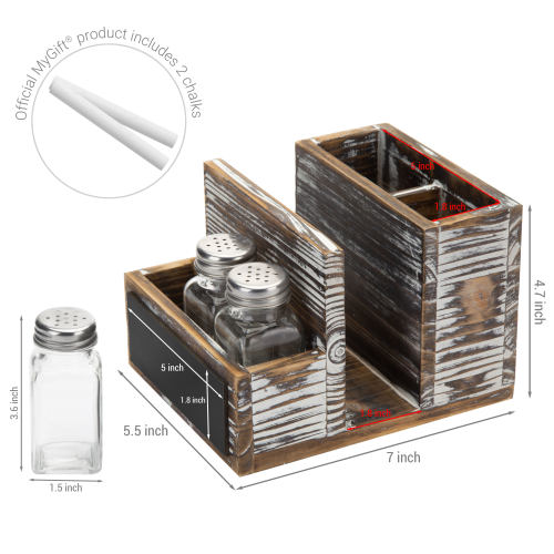 Torched Wood & Chalkboard Dining Organizer w/ Napkin Holder, Utensil Slots, 3 Salt & Pepper Shakers-MyGift