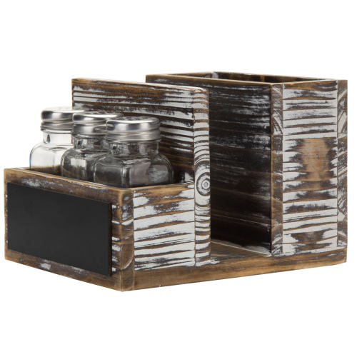 Torched Wood & Chalkboard Dining Organizer w/ Napkin Holder, Utensil Slots, 3 Salt & Pepper Shakers-MyGift