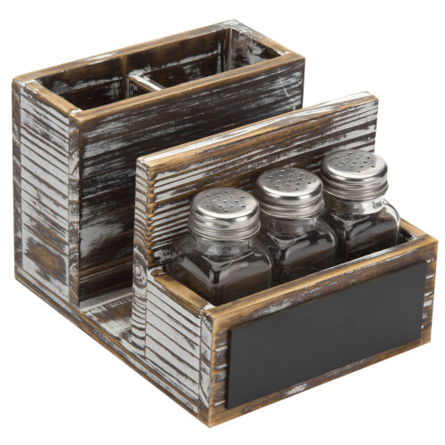 Torched Wood & Chalkboard Dining Organizer w/ Napkin Holder, Utensil Slots, 3 Salt & Pepper Shakers-MyGift