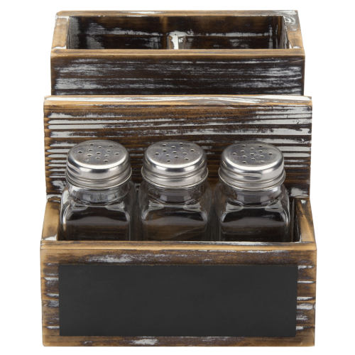 Torched Wood & Chalkboard Dining Organizer w/ Napkin Holder, Utensil Slots, 3 Salt & Pepper Shakers-MyGift