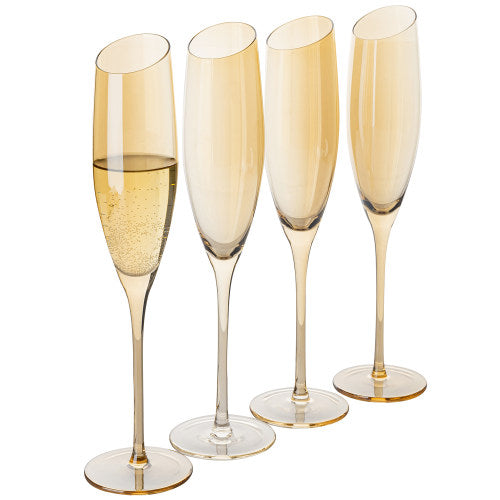 Set of 4, Angled Rim Amber Tone Semi-Transparent Stemware Champagne Flute Glasses-MyGift