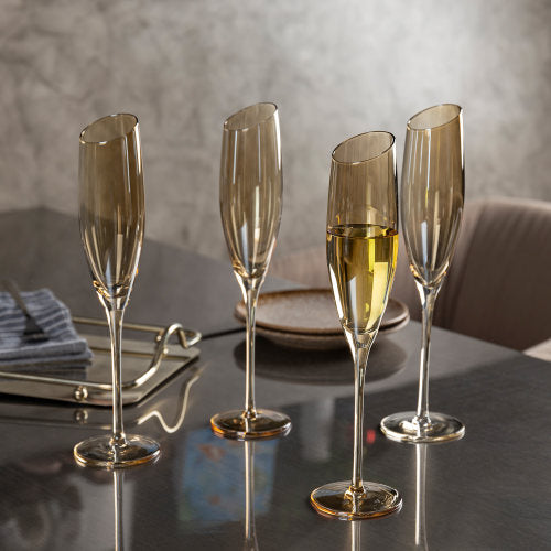 Angled Rim Amber Tone Semi-Transparent Stemware Champagne Flute Glasses, Set of 4