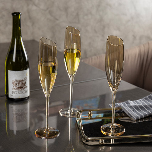 Set of 4, Angled Rim Amber Tone Semi-Transparent Stemware Champagne Flute Glasses-MyGift