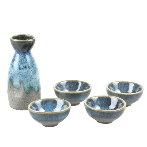 Traditional Japanese Style Blue and Gray Glazed Ceramic Sake Set with Serving Bottle Carafe and 4 Bowl Cups-MyGift