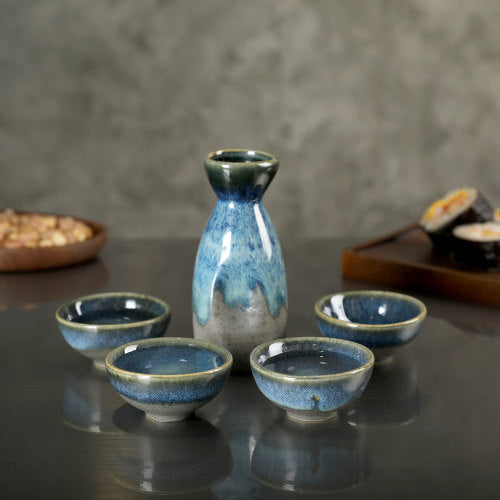 Traditional Japanese Style Blue and Gray Glazed Ceramic Sake Set with Serving Bottle Carafe and 4 Bowl Cups
