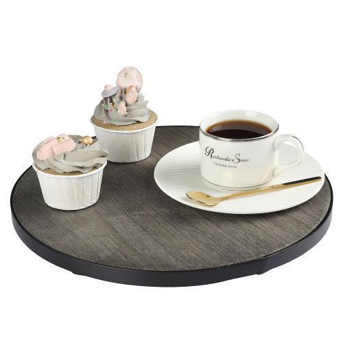 12 Inch Round Lazy Susan Turntable, Vintage Gray Wood Rotating Serving Tray with Black Metal Rim
