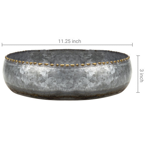 Galvanized Silver Metal Planter Bowl w/ Brass-Tone Pebbled Rim-MyGift